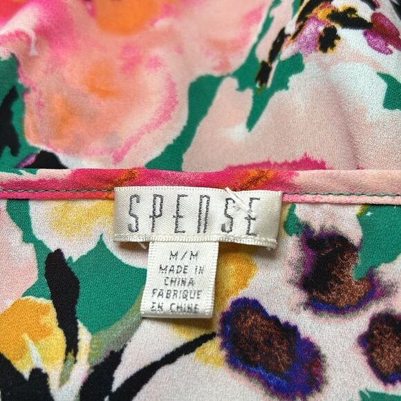 Spense Floral Green Pink short sleeve sheer Women's Blouse Size M EUC - Picture 7 of 8